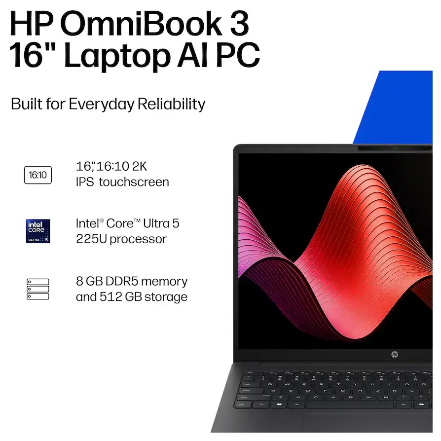 HP OmniBook 3 16-BU0305DX 16" 2K IPS Touchscreen Laptop, Intel Core Ultra 5 225U, 8GB DDR5 RAM, 512GB PCIe Gen4 NVMe M.2 SSD, Intel Graphics, Windows 11 Home, Mica Silver HP OmniBook 3 16-BU0305DX 16" 2K IPS Touchscreen Laptop, Intel Core Ultra 5 225U, 8GB DDR5 RAM, 512GB PCIe Gen4 NVMe M.2 SSD, Intel Graphics, Windows 11 Home, Mica Silver